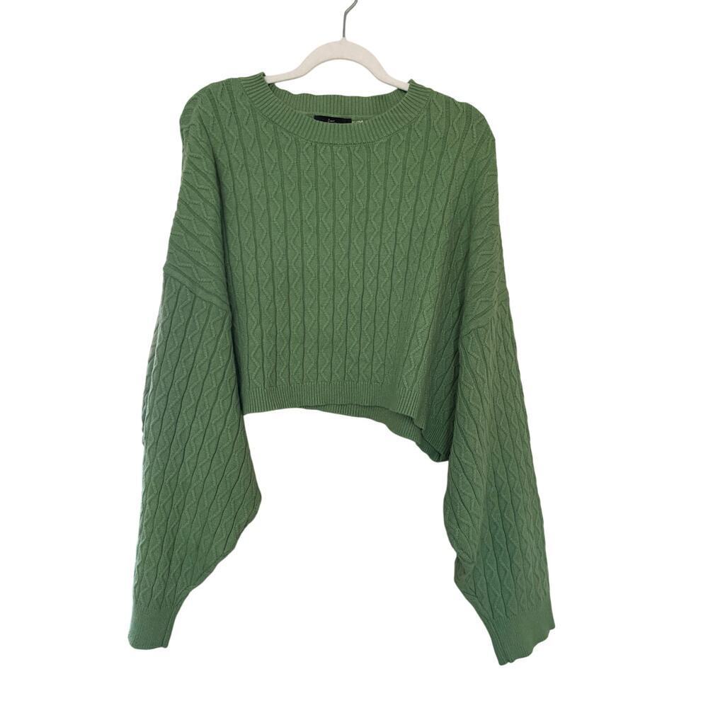 Womens All Over Cable Knit Cropped Pullover Sweater Good Time USA Bat Wing Green
